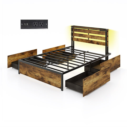 Iseryn Full Rustic Brown Metal Bed Frame Storage with Headboard