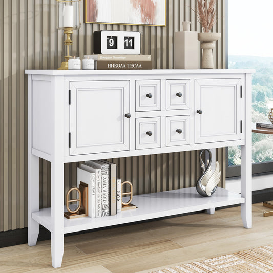 ModernLuxe Cambridge Series  Ample Storage Vintage Console Table with Four Small Drawers and Bottom Shelf for Living Rooms Entrances and Kitchens White