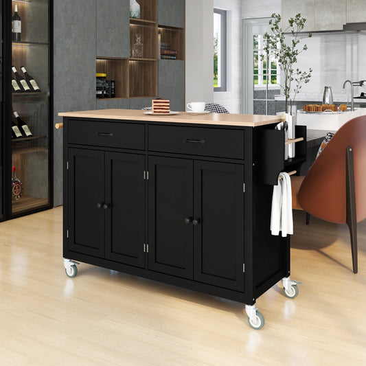ModernLuxe Kitchen Island Cart with Solid Wood Top and Locking Wheels543 Inch Width4 Door Cabinet and Two DrawersSpice Rack Towel Rack Black