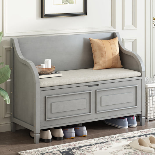 ModernLuxe Rustic Style Solid wood Entryway Multifunctional Storage Bench with Safety Hinge Gray Wash Beige