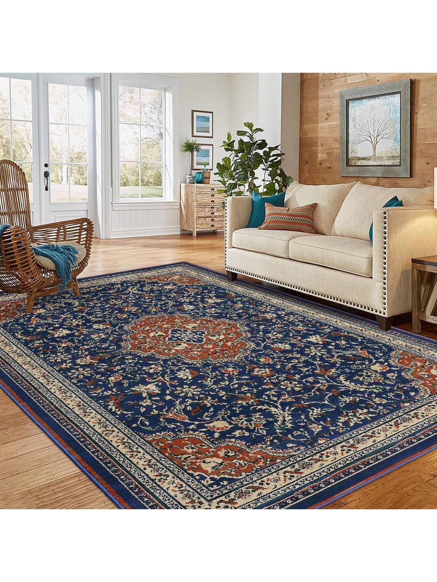 Qeetex Area Rug, Traditional Oriental Medallion Distressed Design, Non-Shedding & Easy Care, Runner Carpet Ideal For Indoor Entrance, Bedroom, Living Room, Kitchen, Navy Blue & Orange