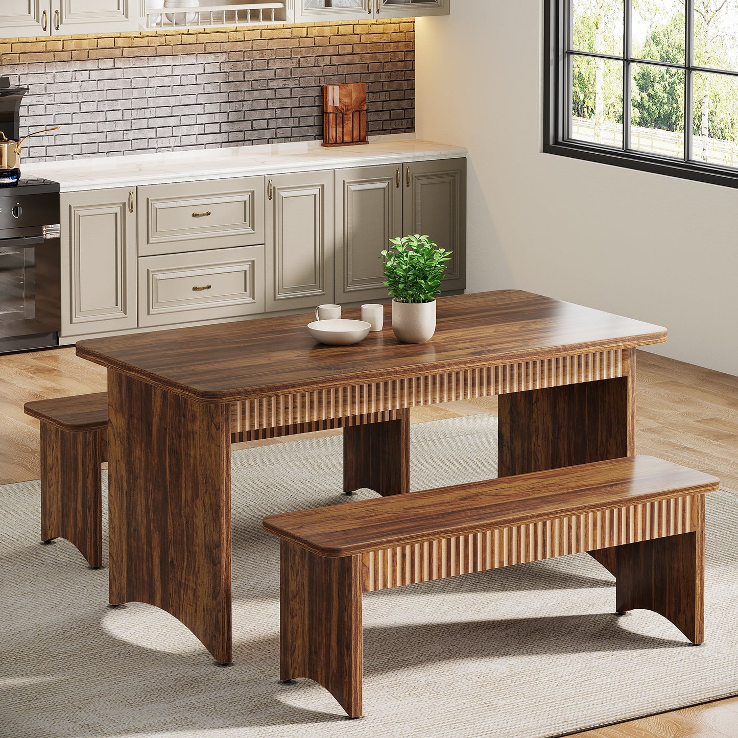 Fnova Rustic Brown Farmhouse MDF Dining Table, with Wood Veneer Finish and Wood 55.12-in L x 29.53-in H