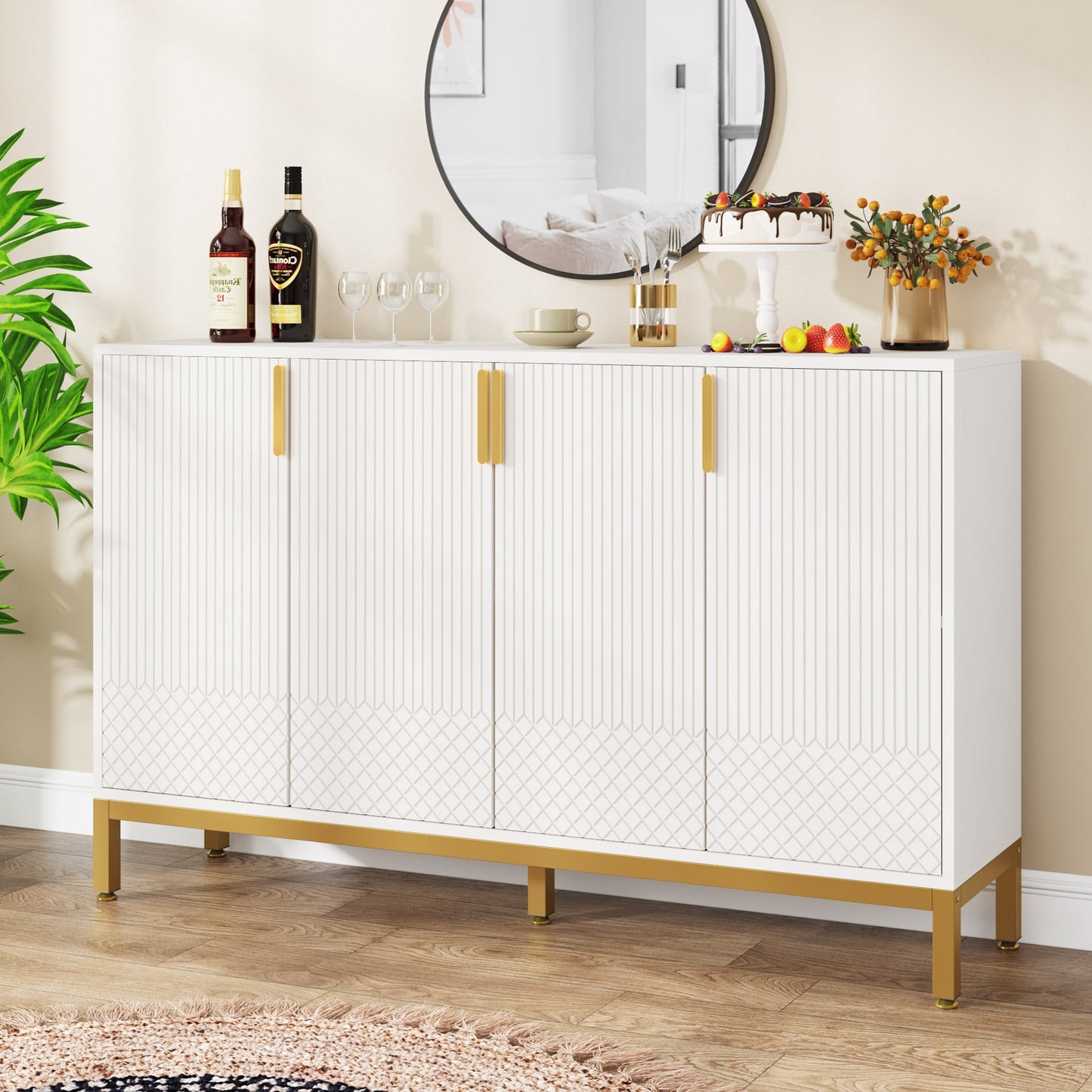 Fnova Contemporary/Modern White Sideboard with Wine Storage