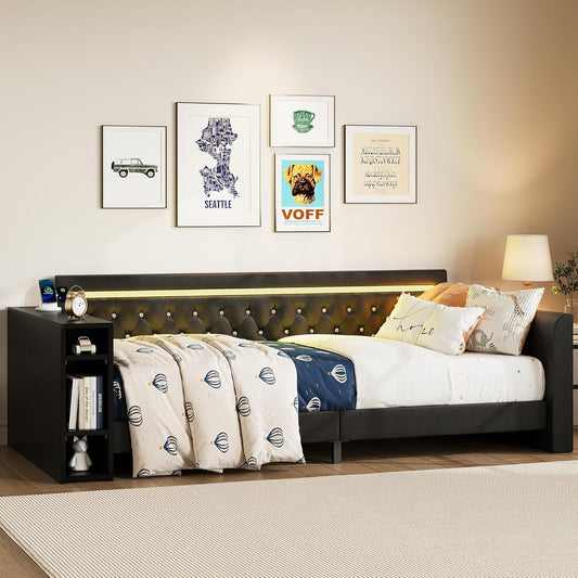 Likimio 86.8-in W Black Twin Day Bed Frame with Charging Station and LED