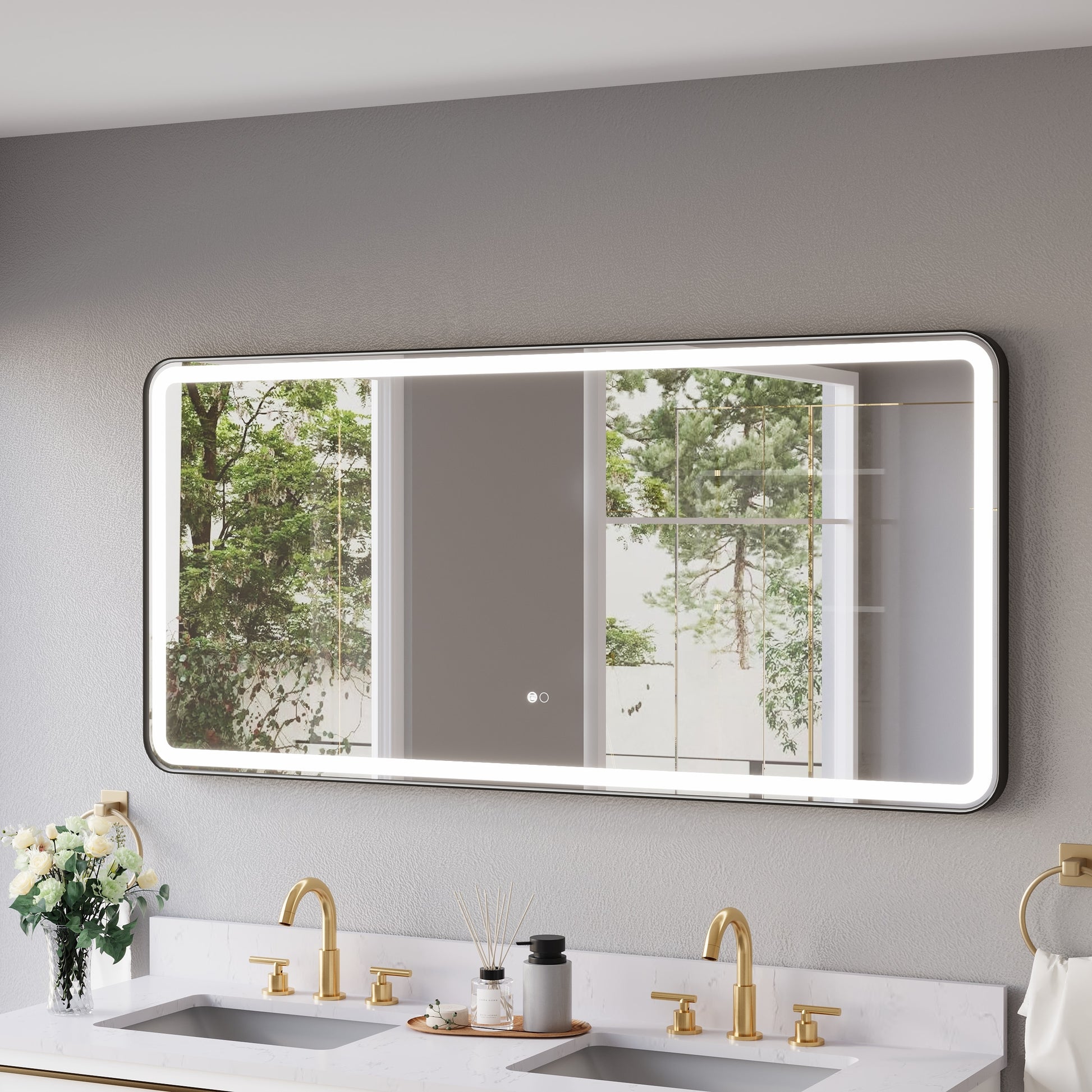 CALVON 60-in x 28-in Framed Rectangle Dimmable LED Lighted Fog Free Bathroom Vanity Mirror ( Black )