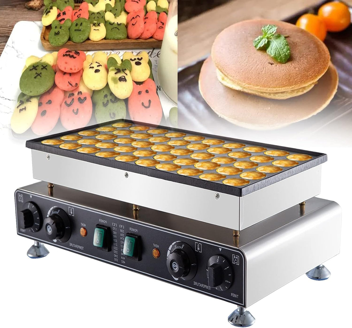 Electric Dorayaki Maker, Commercial Muffin Bake Machine 50-Holes Poffertjes Grill Mini Dutch Pancake Baker Maker Non-stick Surface for Cafes Shops and Restaurant