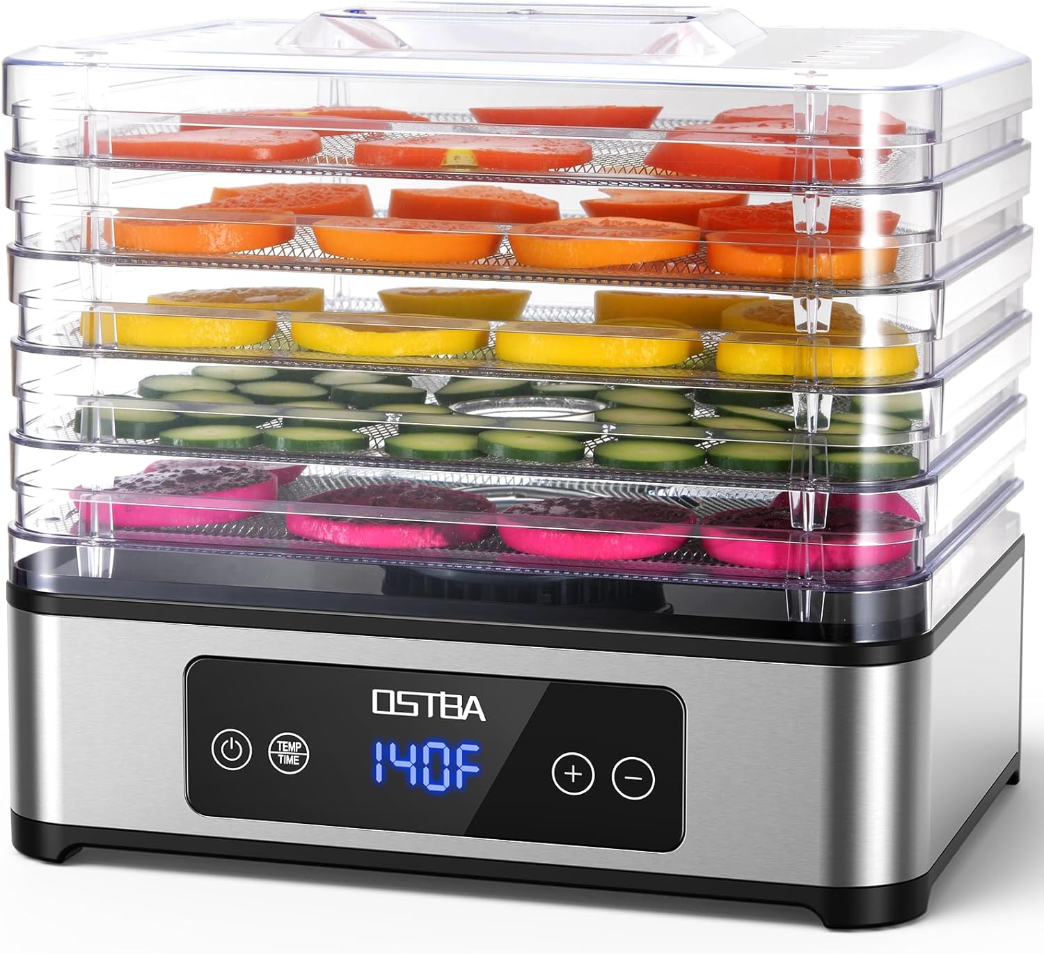 OSTBA Food Dehydrator with 5 Stainless Steel Trays, 400W Food Dryer Machine, 48H Timer & Temp Control 160°F Max, 360° Airflow, BPA-Free, Quiet Operation, Recipes for Jerky, Fruit, Herbs, Pet Treats