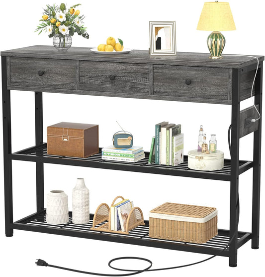 Ecoprsio 47'' Entryway Table with Outlets and USB Ports, Console Table with 3 Drawers, Sofa Table Narrow Long with Storage Shelves for Living Room, Couch, Hallway, Foyer, Kitchen Counter, Grey
