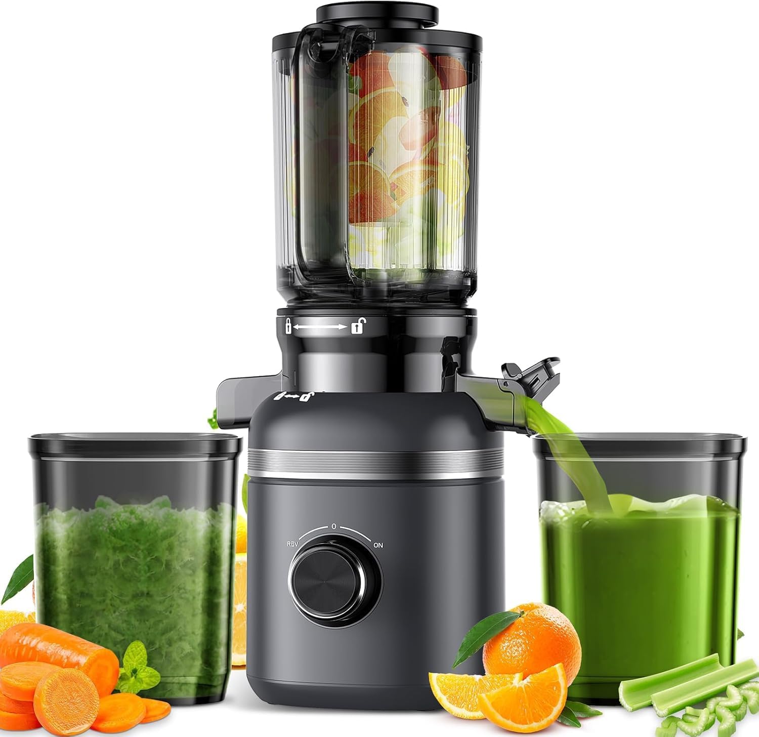 GlowWise Cold Press Juicer Machines with Built-in Blades for Slicing Whole Fruits & Vegetables, 4.35" Large Feeding Chute, Quiet & Easy to Clean, 99% High Juice Yield