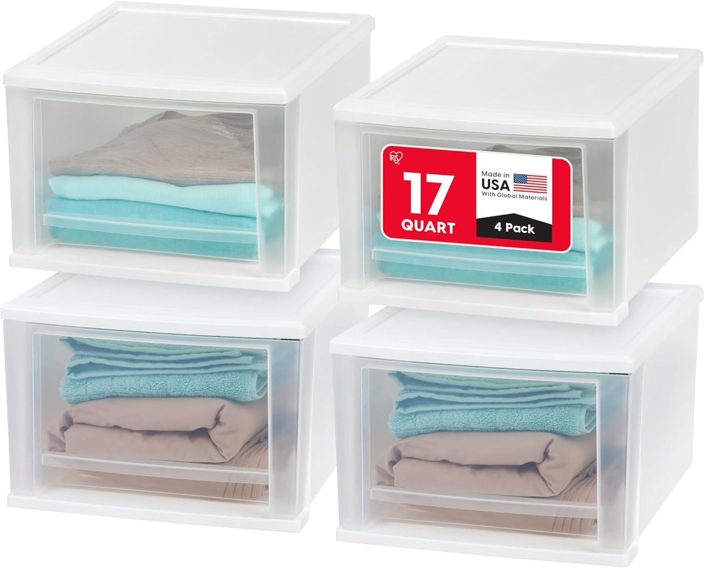 IRIS USA 17 Qt. Plastic Drawer Storage Organizer Stacking Drawers, 4-Pack, Stackable Unit with Sliding Drawer for Clothes Bedroom Kitchen Under Sink Pantry Craft Room Bathroom Dorm Office, White