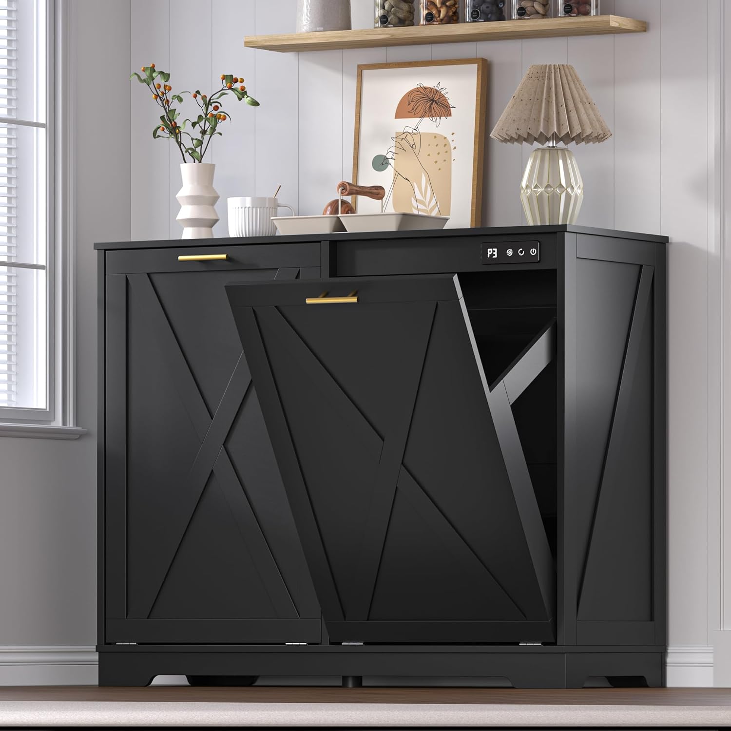 BORNOON Tilt Out Trash Can Cabinet for 2 Bins, Hidden Recycle Garbage Bin Enclosure, Wooden Double Laundry Cabinet with Odor Control, Negative Ion & Ozone, for Kitchen, Bathroom, Laundry Room