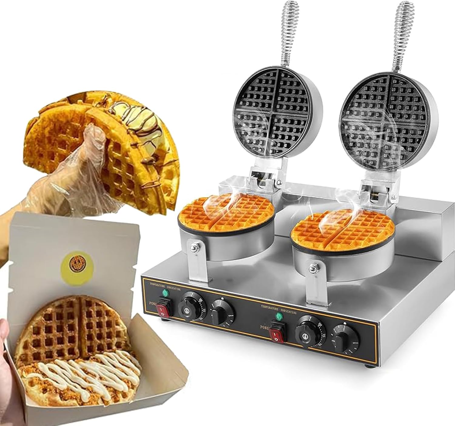Commercial Waffle Maker, Professional Waffle Machine With Round Non-stick Iron, Electric Stainless Steel Waffle Furnace For Bakery Snack Bar Hotel Or Home Restaurant(2 heads)