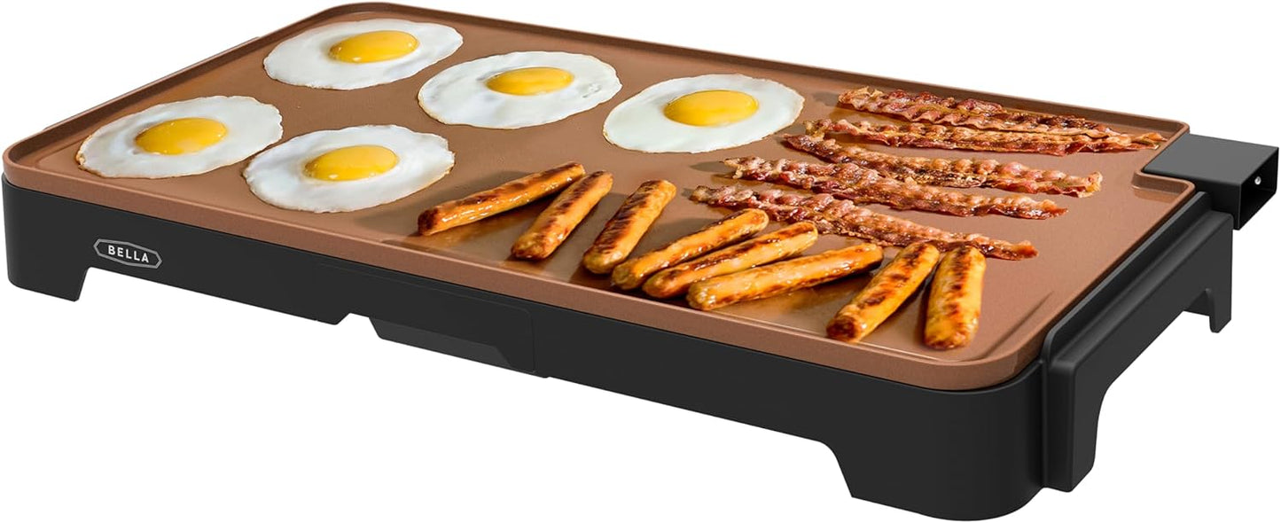 BELLA XL Electric Ceramic Titanium Griddle, Make 15 Eggs At Once, Healthy-Eco Non-stick Coating, Hassle-Free Clean Up, Large Submersible Cooking Surface, 12" x 22", Copper\/Black