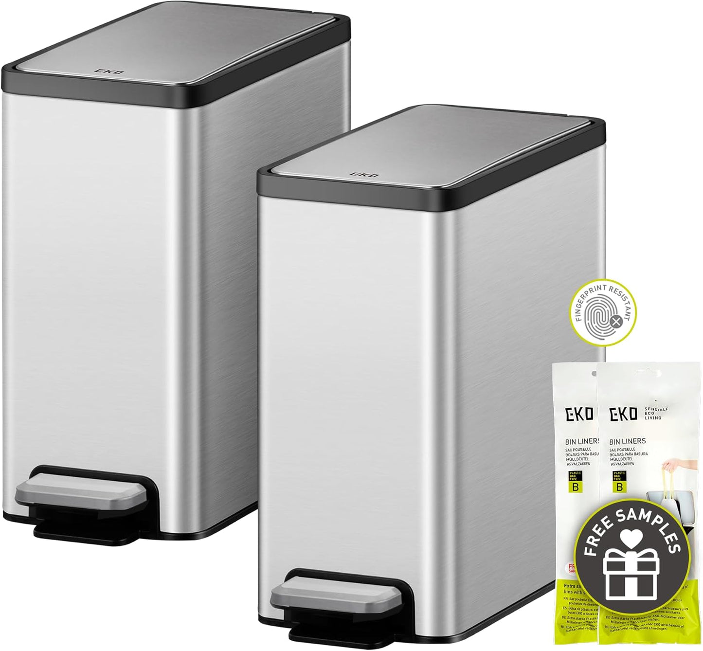 EKO Slim Small Bathroom Trash Can with Lid, Stainless Steel Kitchen Garbage Can with Removable Inner Bucket, 6L \/ 1.6 Gal 2 Pack Step On Trash Can Combo