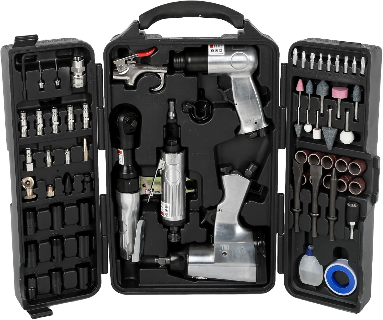71 Piece Air Tools and Accessories Kit - Pneumatic Tools with Impact Wrench, Air Ratchet, Die Grinder, Aire Hammer, Hose Fittings, Storage Case Black