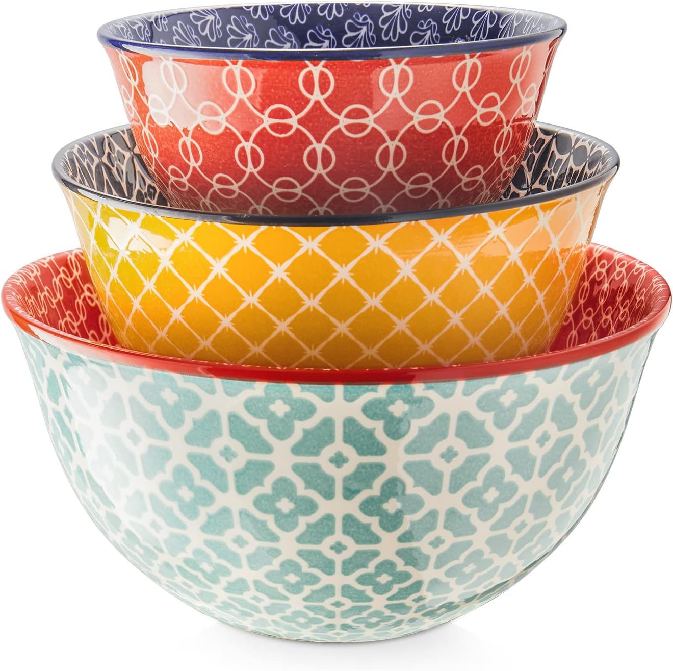 DOWAN Mixing Bowls, Ceramic Mixing Bowls for Kitchen, Colorful Vibrant Nesting Bowls for Cooking, Baking, Prepping, Serving, Salad, Housewarming Gift, Microwave Dishwasher Safe, 3.7/2/1 Qt, Set of 3