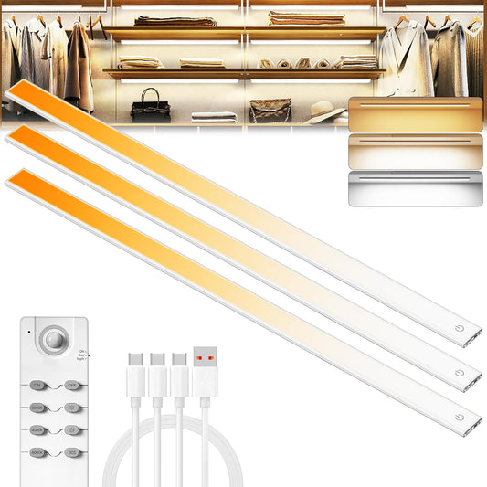 204 LED Under Cabinet Lights Wireless with Full Lighting,Rechargeable Closet Lights with Remote and Motion Sensor Indoor,Under Counter Light with CCT and Dimmable for Kitchen,Stair(3 Pack,23.6inch)