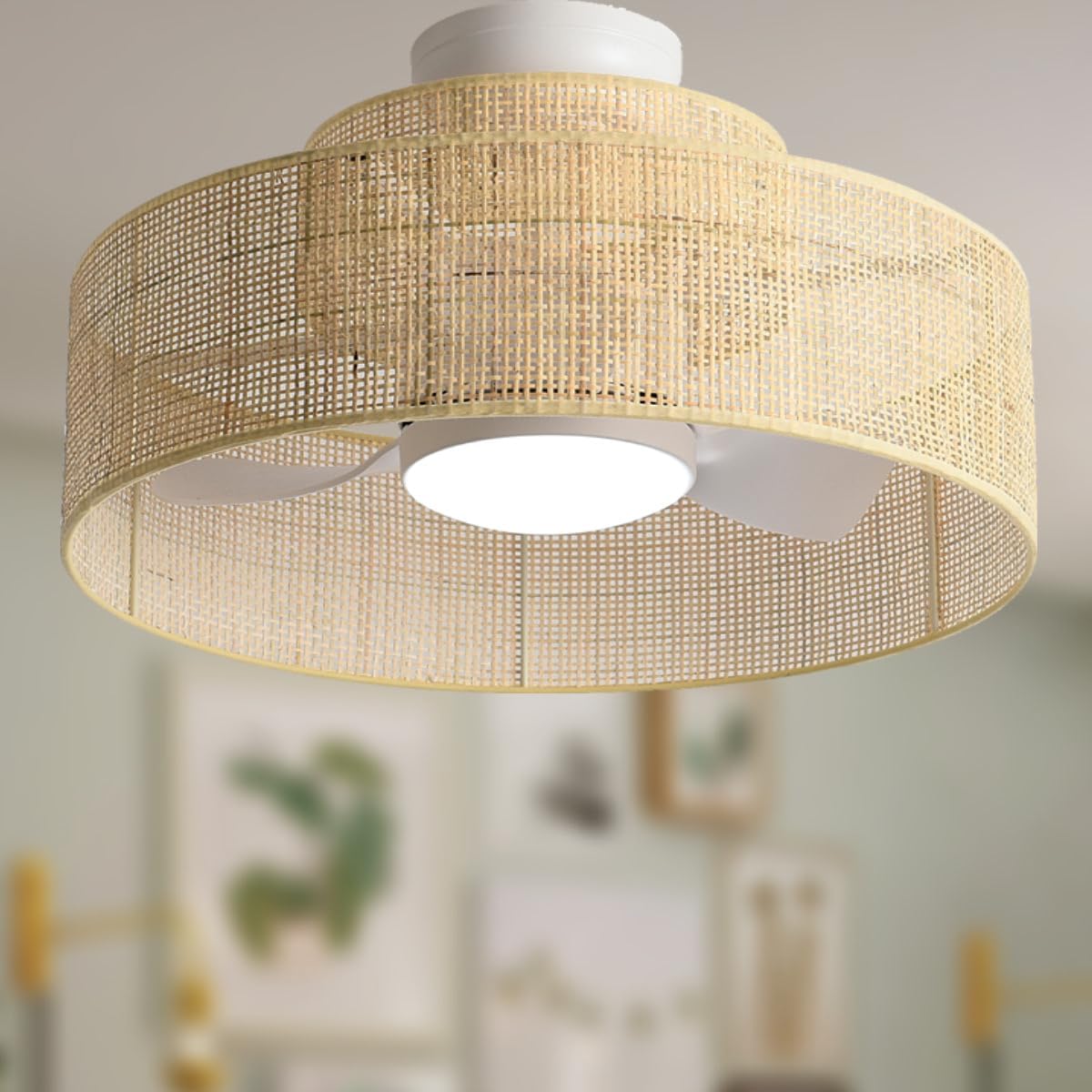 22\u201D Bamboo DC Dimmable Ceiling Fan with Light and Remote Control,Boho Wooden Wicker Cage Rattan Bohemian Tropical Caged Wood Flush Mount Fandelier for Kitchen Indoor Bedroom