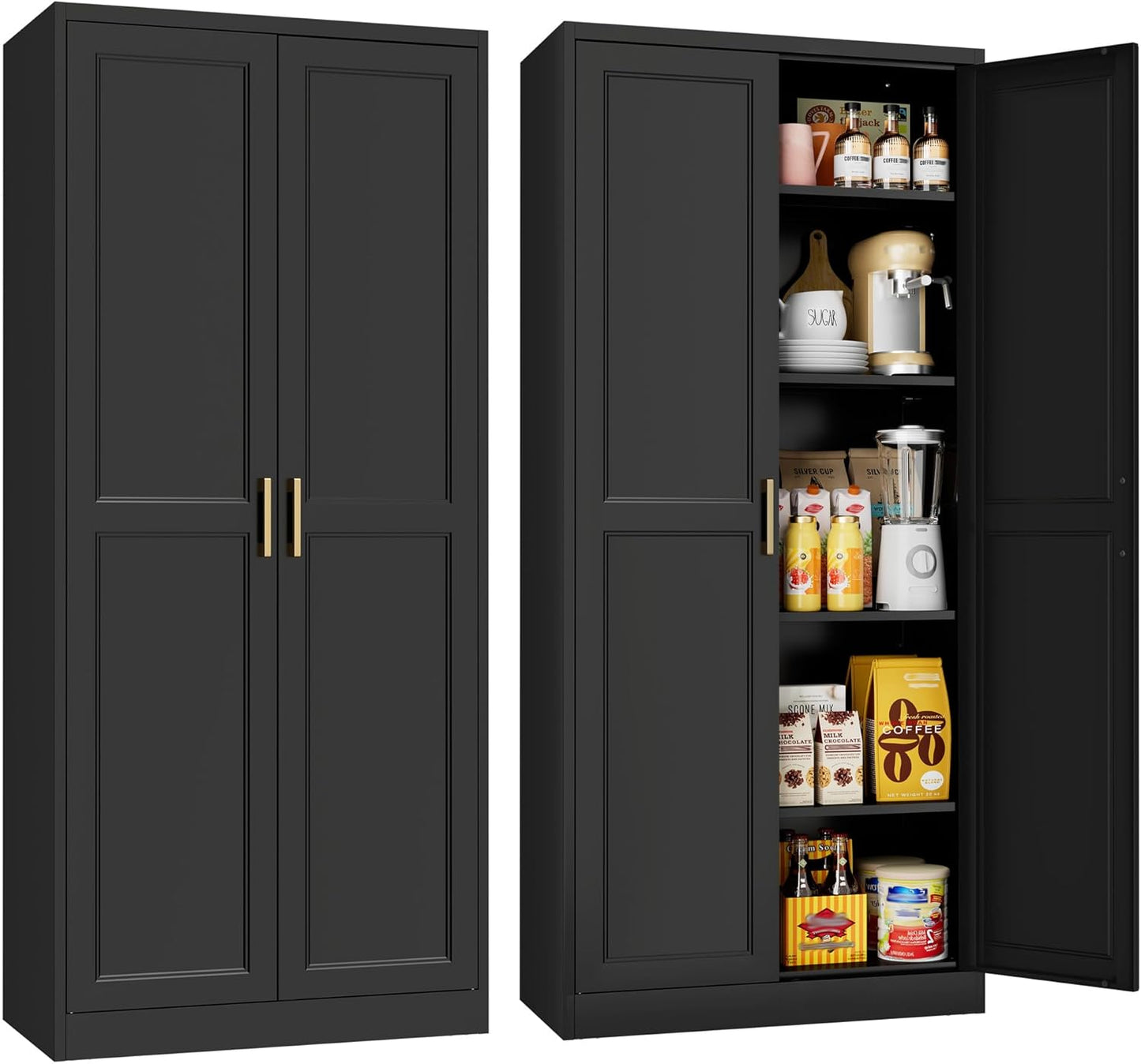 71" Tall Kitchen Storage Cabinet with Gold Handles, Metal Pantry Cabinet with 2 Doors, Adjustable Shelves, Black Freestanding Pantry Cupboard for Dining Room, Kitchen - Assembly Required