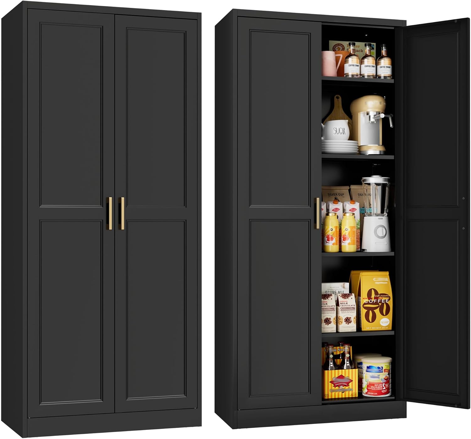 71" Tall Kitchen Storage Cabinet with Gold Handles, Metal Pantry Cabinet with 2 Doors, Adjustable Shelves, Black Freestanding Pantry Cupboard for Dining Room, Kitchen - Assembly Required