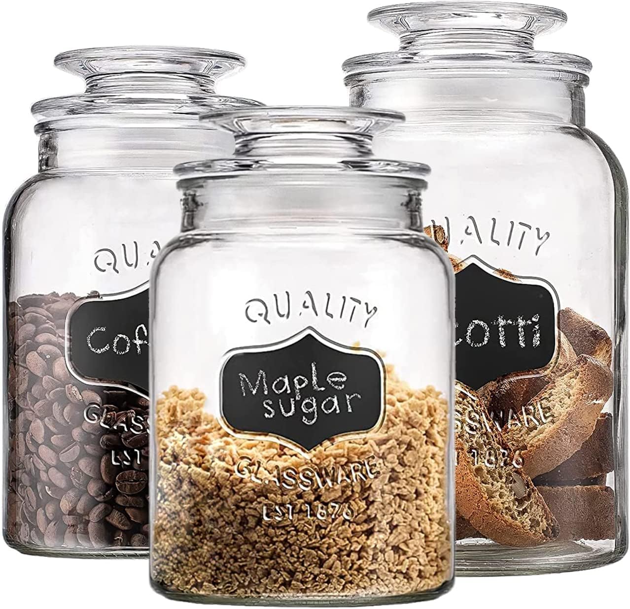 Glass Canister Set for Kitchen or Bathroom with Airtight Lid and Chalkboard Labels, Apothecary Glass Food Storage Jars,Set of 3 Cookie Jars, Candy, Coffee, Cereal & More, Clear Storage Containers!