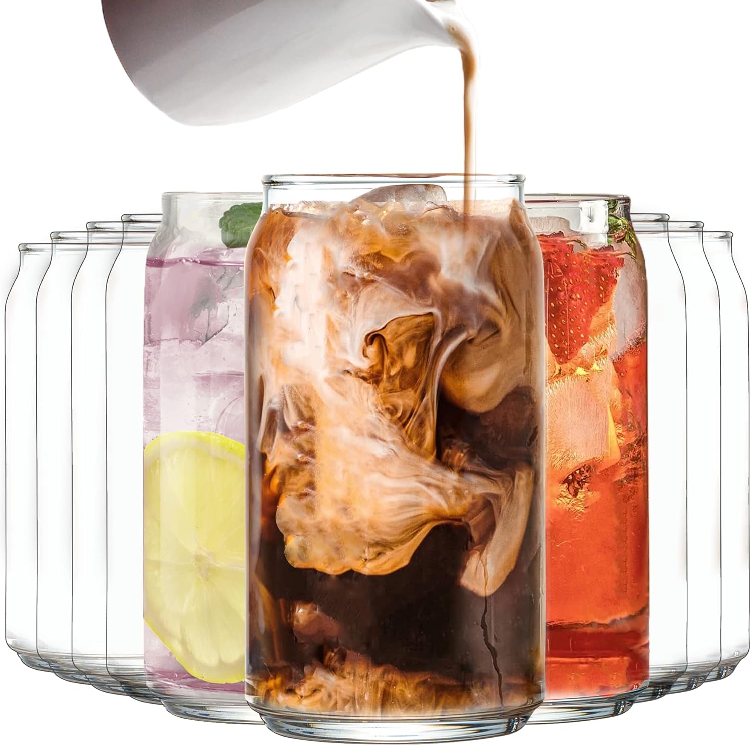 Le'raze Drinking Glasses Set of 10 - Can Shaped Glass Cups, 16oz Iced Tea/Coffee Glasses, Hurricane Tumbler Glass, Cocktail Whiskey Soda Clear Water Beer Glasses