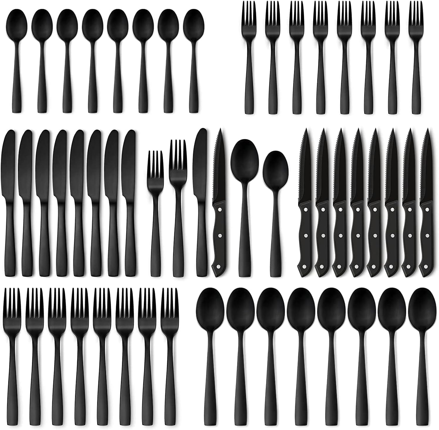 Hiware 48-Piece Matte Black Silverware Set with Steak Knives, Black Flatware Set for 8, Stainless Steel Tableware Cutlery Set, Utensil Sets for Kitchen