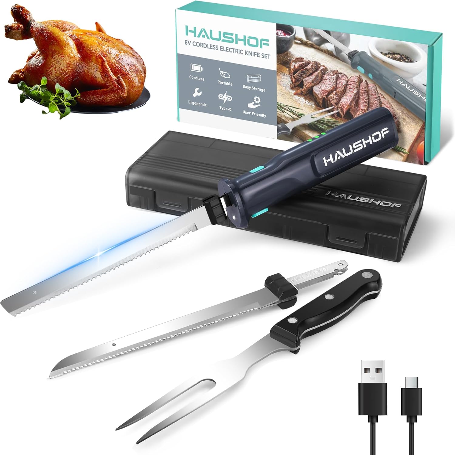 HAUSHOF Cordless Electric Knife Set for Meat Slicing, 8V Electric Carving Knife for Fish, Bread, Turkey, Rechargeable Meat Cutter with Reciprocating Stainless Steel Blades, Safety Lock & Storage Case