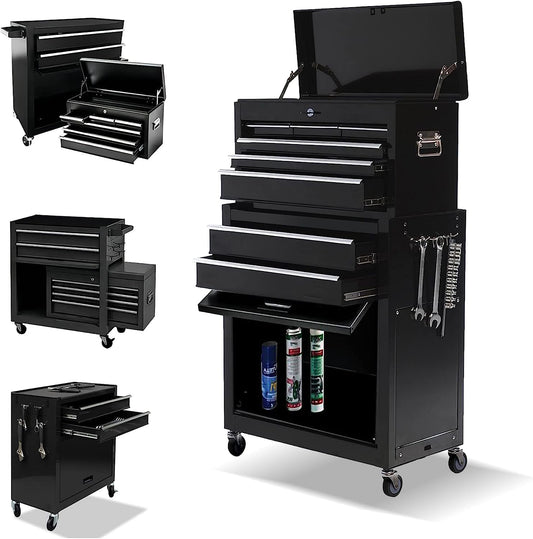 8-Drawer High Capacity Rolling Tool Box with Wheels,Rolling Tool Chest with Drawer,Tool Box on 4 Wheels with Lock, Tool Storage Cabinet Removable Portable Box for Garage Warehouse (Black)