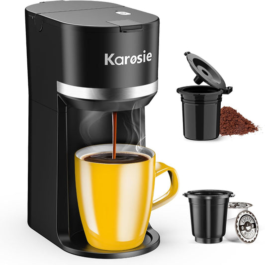 Karosie Single Serve Coffee Maker for K-Cup and Ground Coffee, Fast Brew, 6-12 oz Brew Sizes One Cup Coffee Machine Fits 5.5" Mugs, One-Button Small Coffee Maker with Descaling Reminder,Black