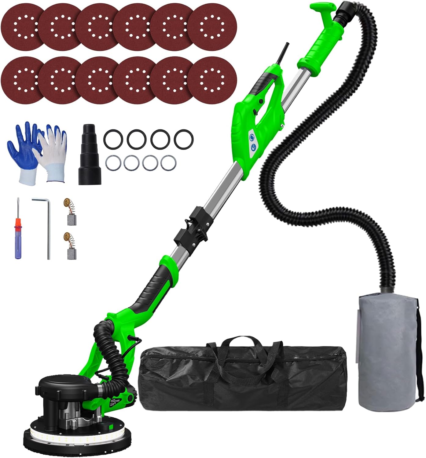 Drywall Sander, 2025 Upgraded 8-Amp Popcorn Ceiling Removal Tool with 7 Variable Speed 800-1800RPM, Drywall Sander with Vacuum Dust Collector with Extendable Handle, LED Light, 12pcs Sanding Discs