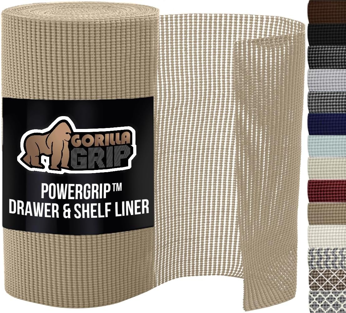 GORILLA GRIP powerGRIP Drawer Shelf and Cabinet Liner, Thick Strong Hold, Non-Adhesive Liners Protect Kitchen Cabinets and Cupboard, Bathroom Drawers, Easy Install, Breathable Mat, 12" x30', Beige