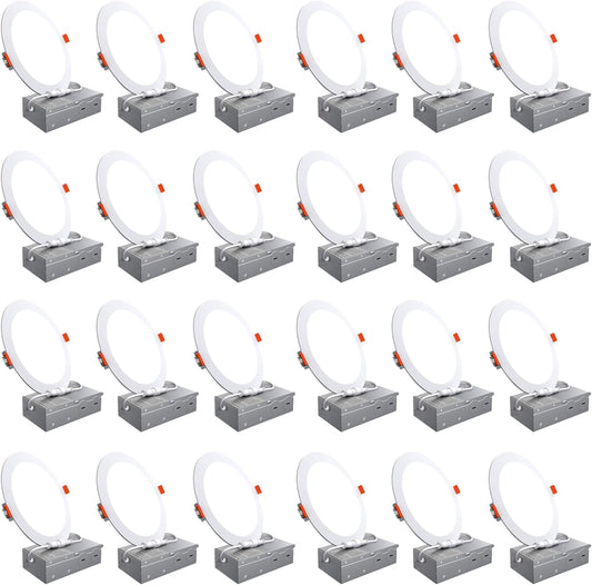 24 Pack 6 Inch Canless Recessed LED Ceiling Lights with Junction Box - 6000K Daylight , 1050LM High Brightness, 12W 110W Eqv, Ultra-Thin LED Recessed Lighting for Bedroom Kitchen Living Room Hallway