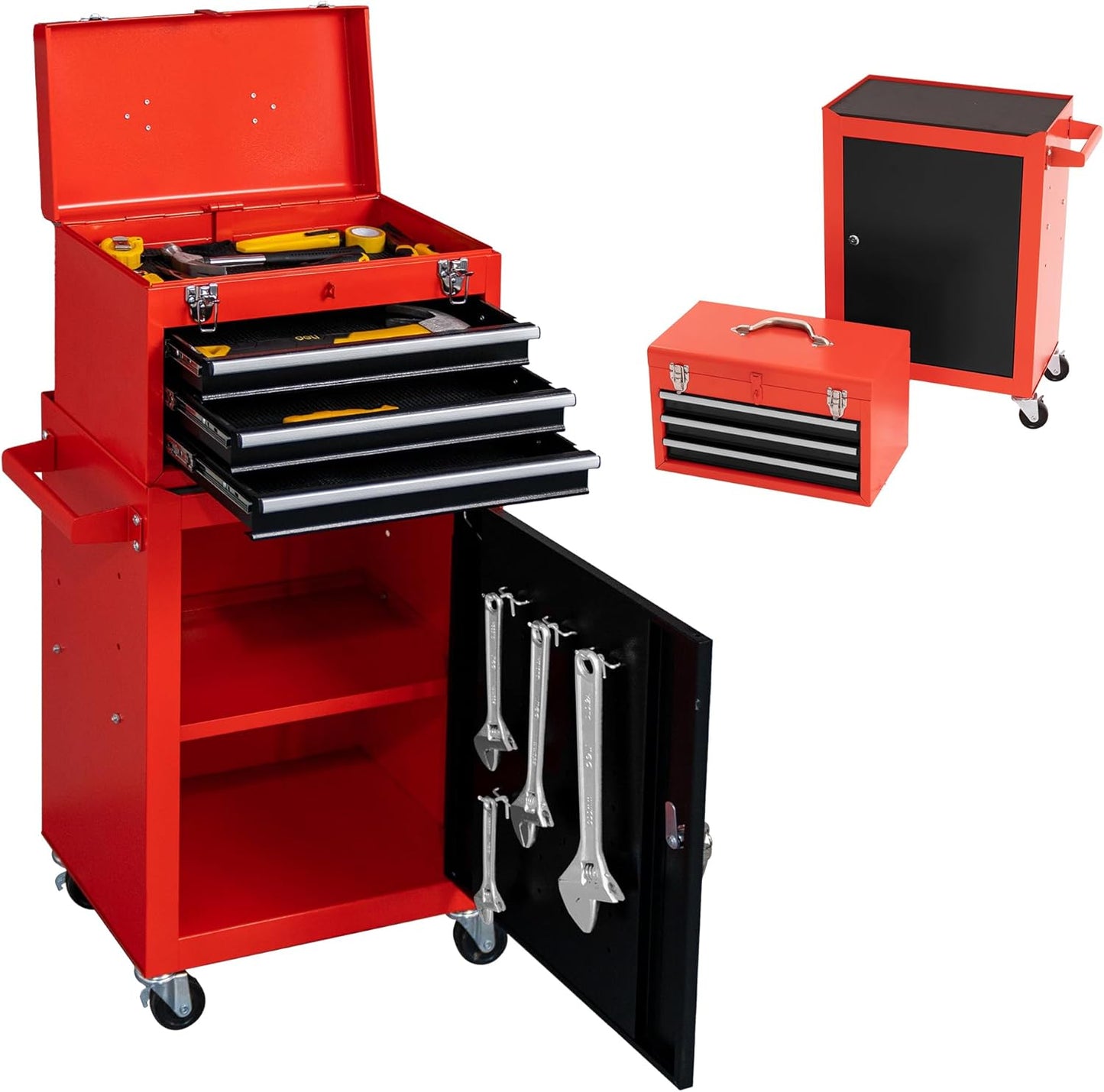 Tool Chest,3-Drawer Rolling Tool Storage Cabinet, Wheels Tool Storage Organizer Cabinets, Lockable Drawers Tool Box, Adjustable Shelf Tool Chest on Wheels for Workshop Garage Warehouse (Black Red)