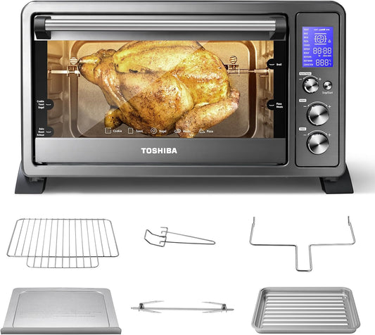 TOSHIBA AC25CEW-BS Large 6-Slice Convection Toaster Oven Countertop, 10-In-One with Toast, Pizza and Rotisserie, 1500W, Black Stainless Steel, Includes 6 Accessories