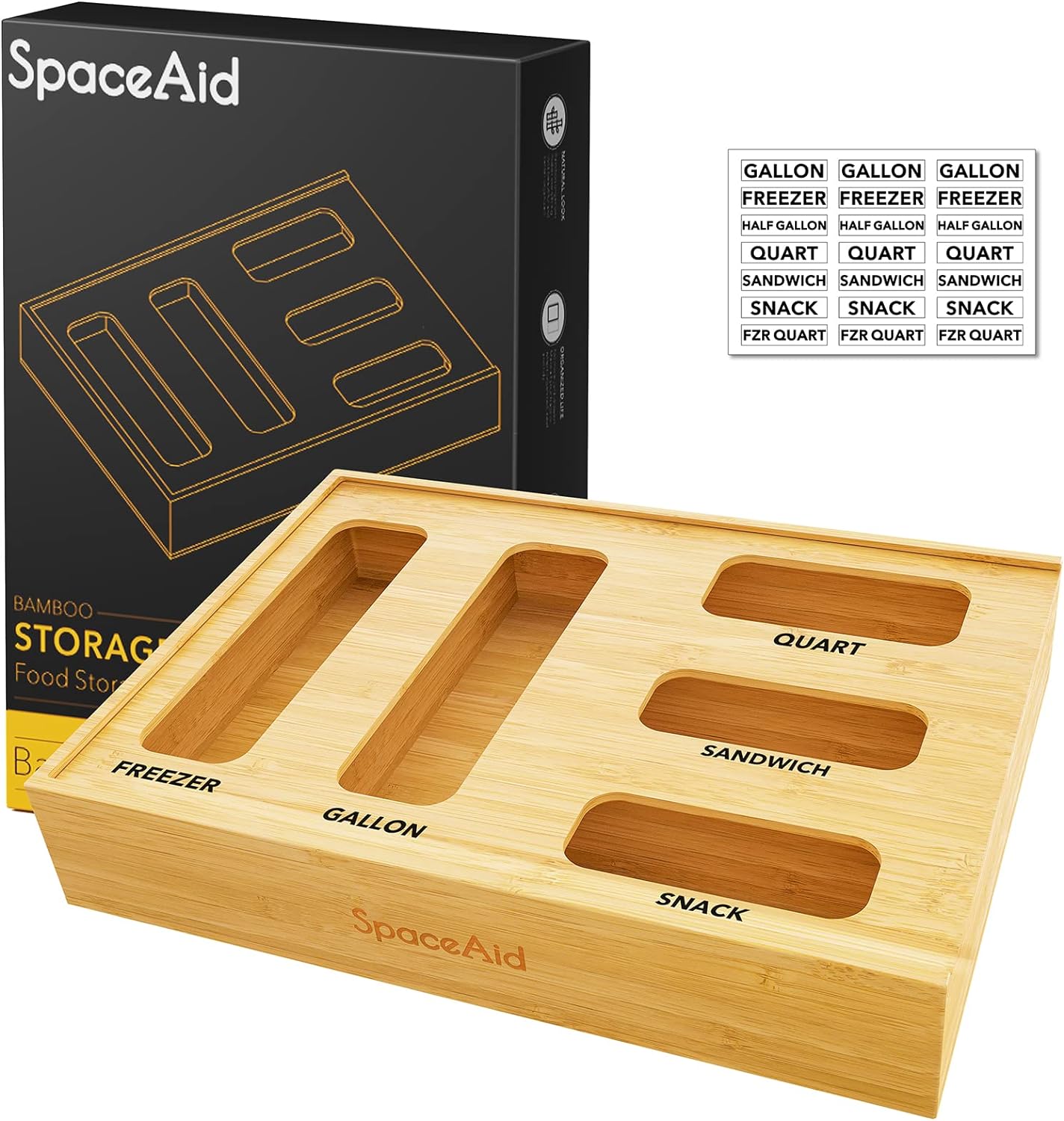 SpaceAid Bag Storage Organizer for Kitchen Drawer, Bamboo Organizer, Compatible with Gallon, Quart, Sandwich and Snack Variety Size Bag (1 Box 5 Slots)