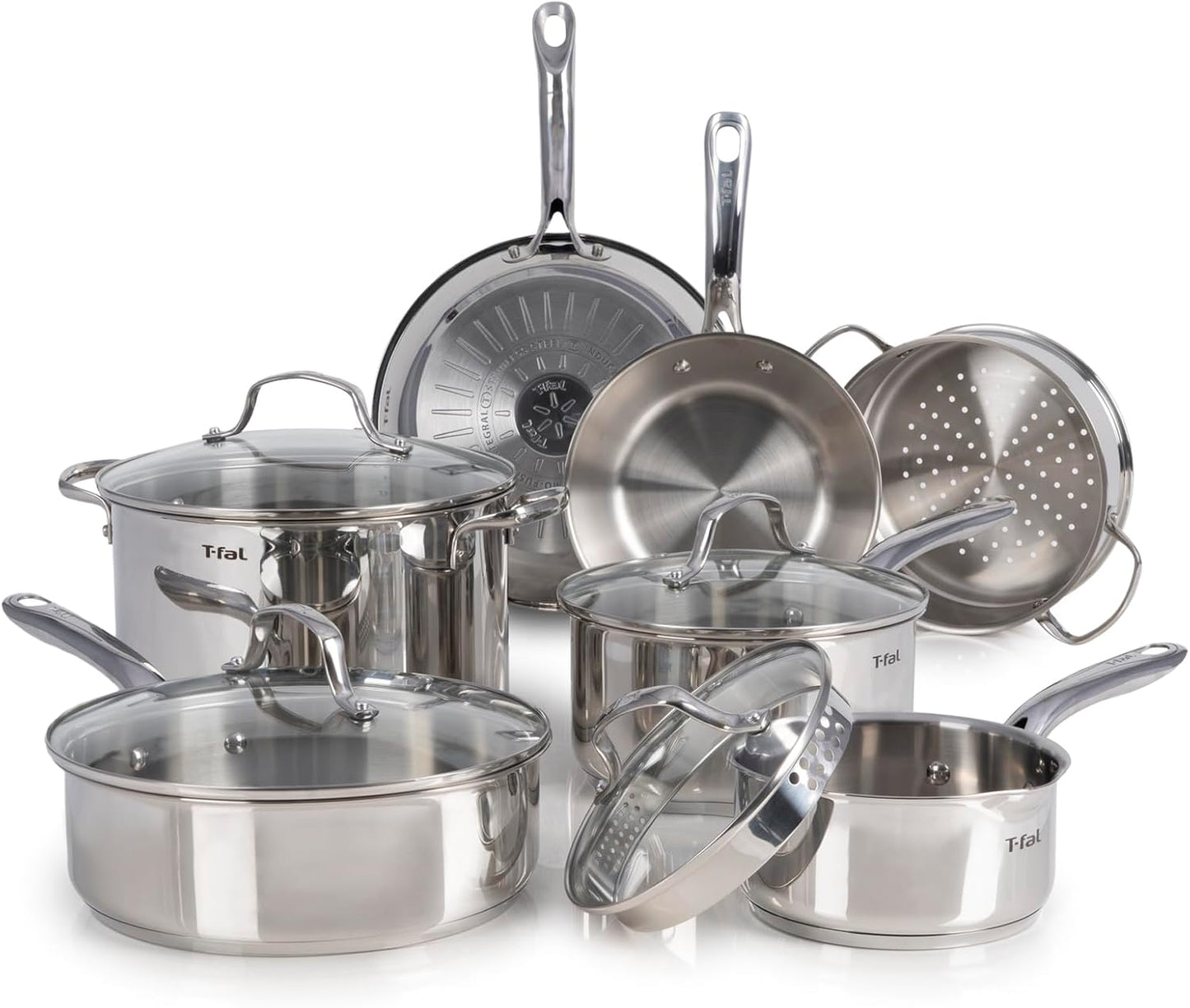 T-fal Stainless Steel Cookware Set 11 Piece, Induction, Oven Broiler Safe 500F, Kitchen Cooking Set w\/Fry Pans, Saucepans, Saute Pan, Dutch Oven, Steamer, Pots and Pans, Dishwasher Safe, Silver