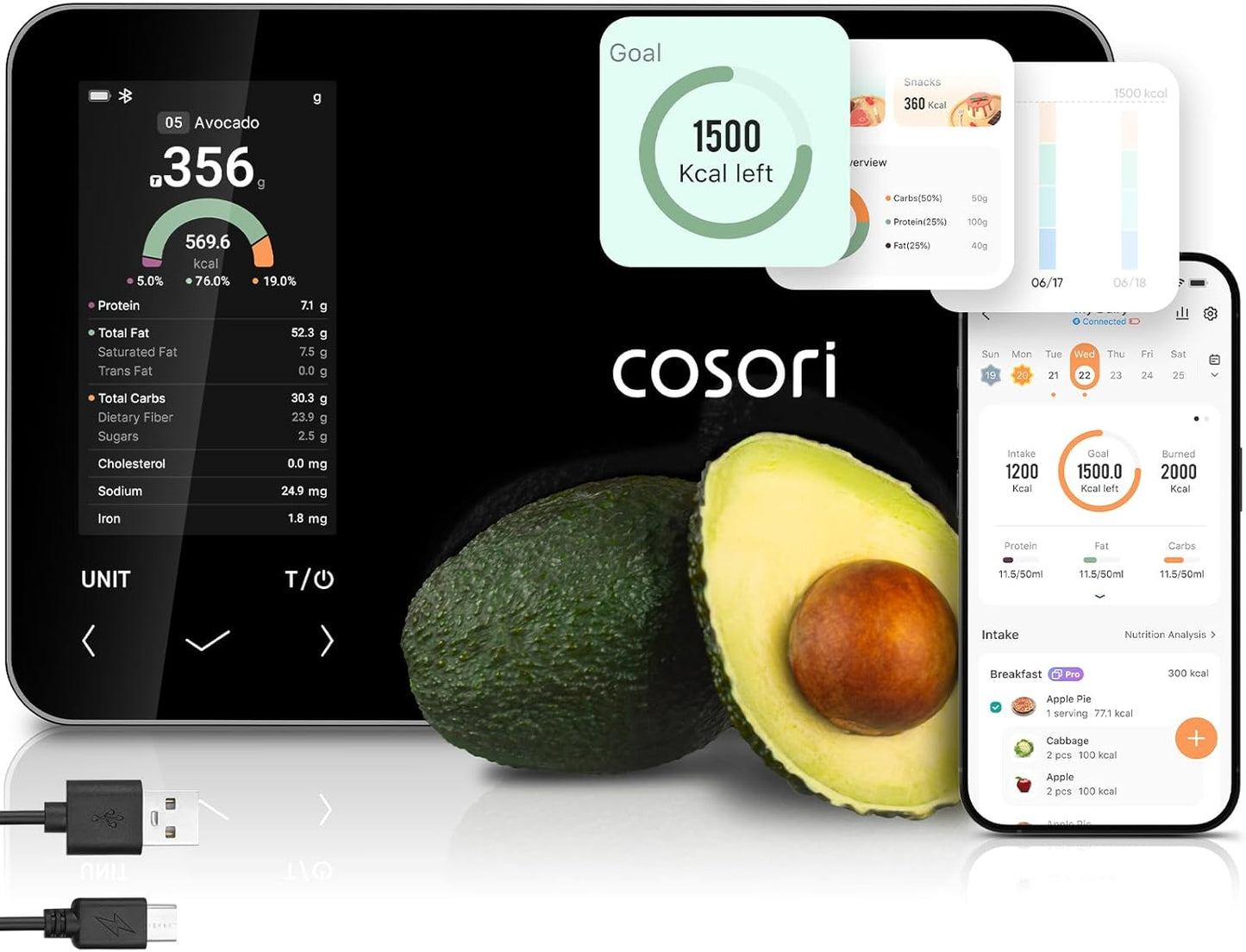Cosori Smart Food Kitchen Scale with Nutritional Calculator, Free App for AI Scan, Calorie & Macro Tracking, Food Preload, On-Screen Nutrient Info, Personal Goals, Rechargeable, 11 lb \/ 5 kg