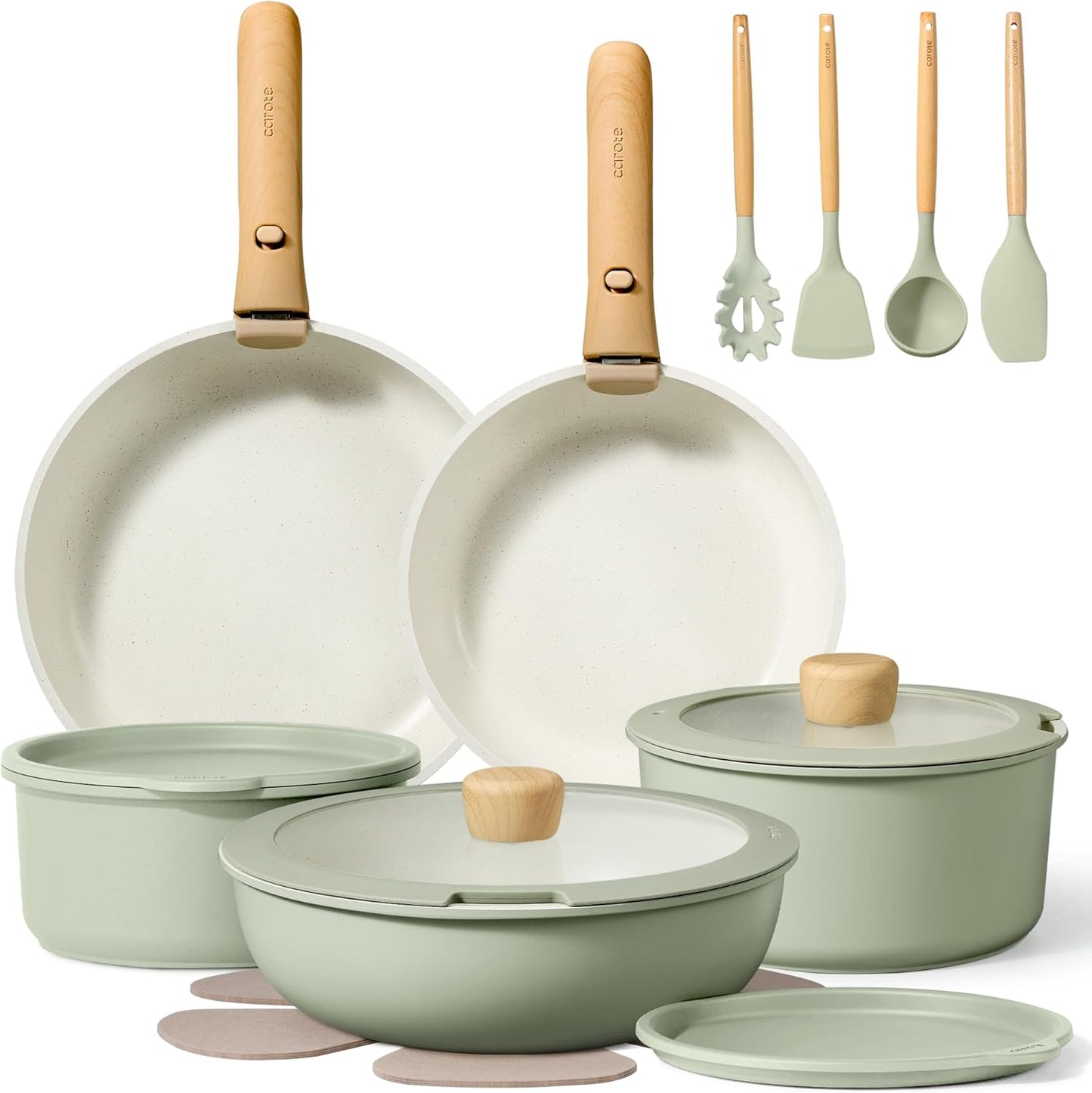 CAROTE Pots and Pans Set, Nonstick Cookware Set Detachable Handle, 19pcs Induction Kitchen Cookware Sets Non Stick with Removable Handle, RV Cookware Set, Oven Safe, Sage Green