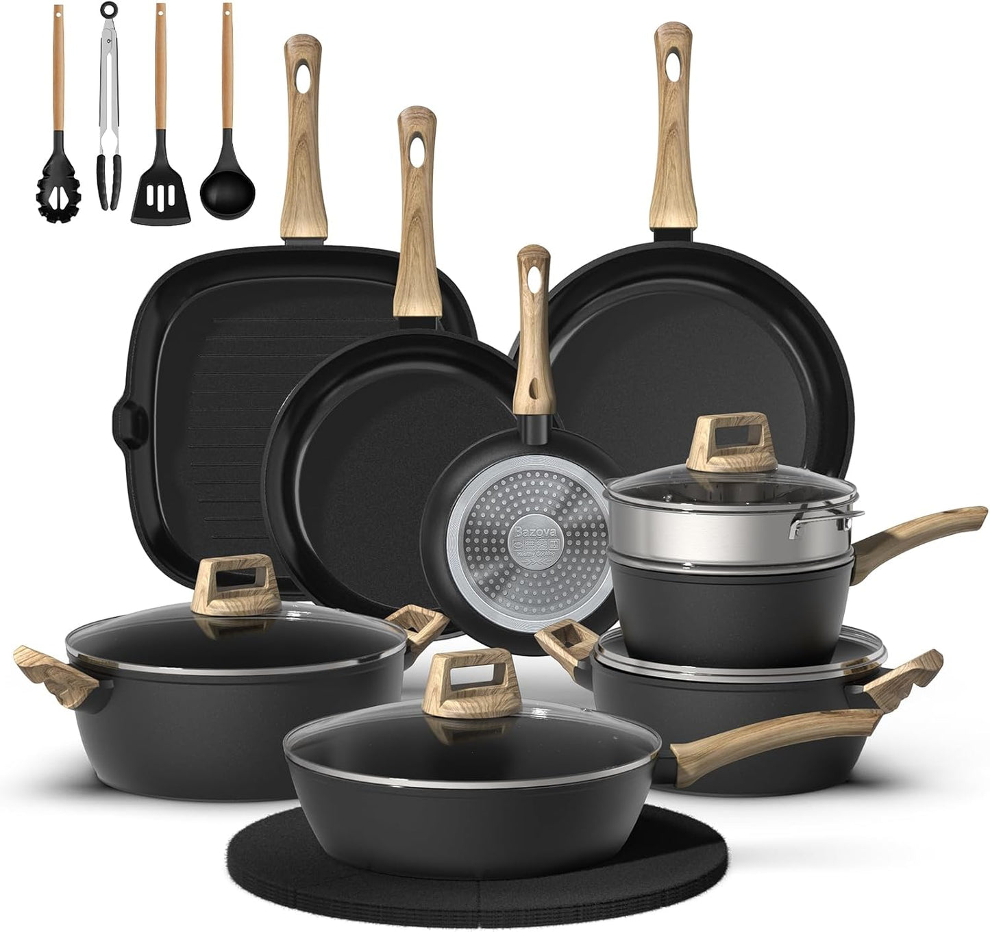 23 Pcs Pots and Pans Set, Non Stick Ceramic Cookware Set with 3 Frying Pans, Healthy Non-Toxic, Large Capacity,Induction Compatible, PFAS/PTFE/PFOA Free, Black