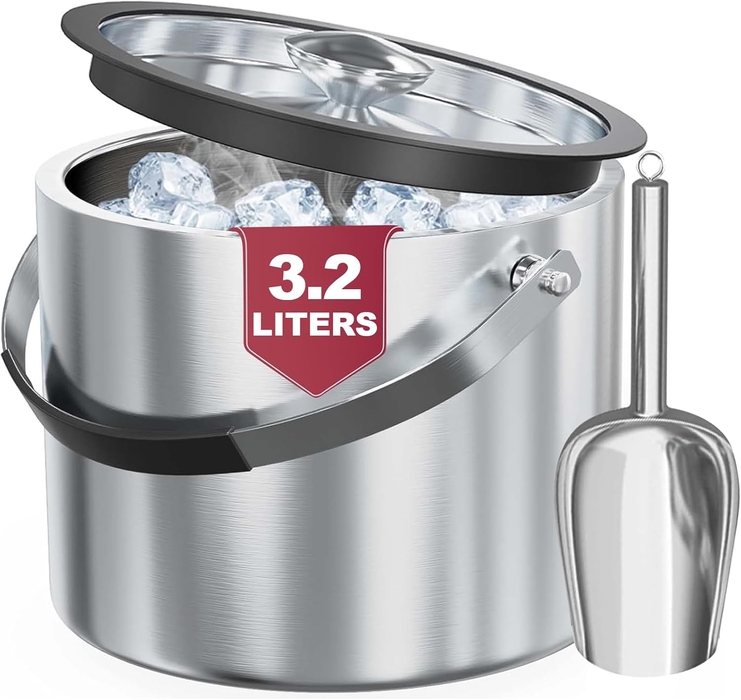 3.2L Double Wall Stainless Steel Ice Bucket with Lid,Scoop, Updated Insulated Ice Bucket for Cocktail Bar and Parties