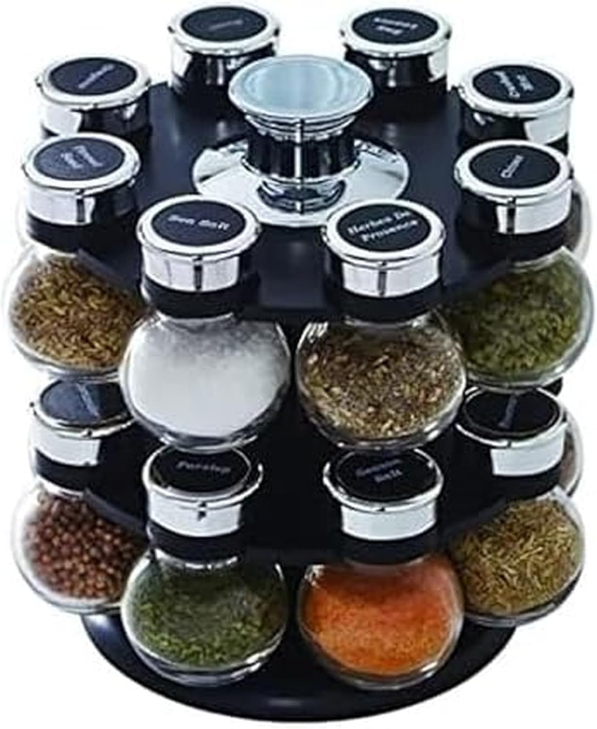Kamenstein 16 Jar Ellington Revolving Countertop Spice Rack with Lift & Pour Caps and Spices Included, FREE Spice Refills for 5 Years: Black and Chrome