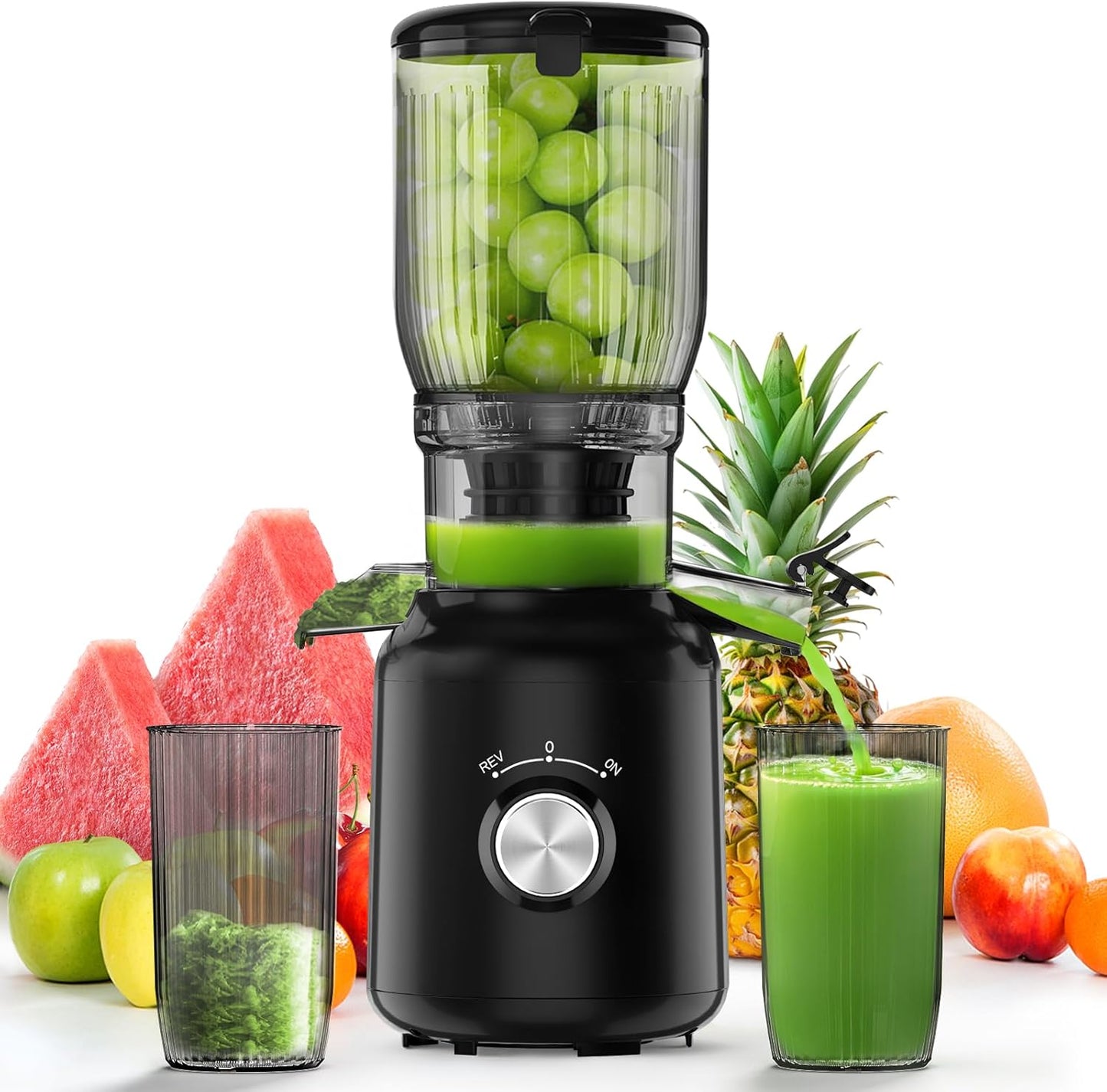 Cold Press Juicer, Juicer Machines with 5.3" Wide Feed Chute, Masticating Juicer for Whole Vegetables & Fruits, Juice Extractor Machine Easy to Clean, Black