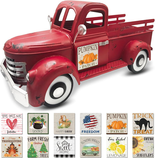 Fall Decor 13.4 Inch Vintage Farmhouse Red Truck with 12 Magnets Rustic Fall Decorations for Home Kitchen Shelf Thanksgiving Table Centerpieces Metal Pickup Truck DIY Interchangeable Seasonal Decor