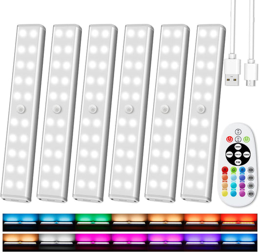 Under Cabinet Lighting Wireless with Remote, 48 LED Rechargeable Under Cabinet Lights, Kitchen Counter Lights Dimmable LED Closet Light RGB Bar for Shelf, Car, Hallway, 15 Color Changing, 6 Pack