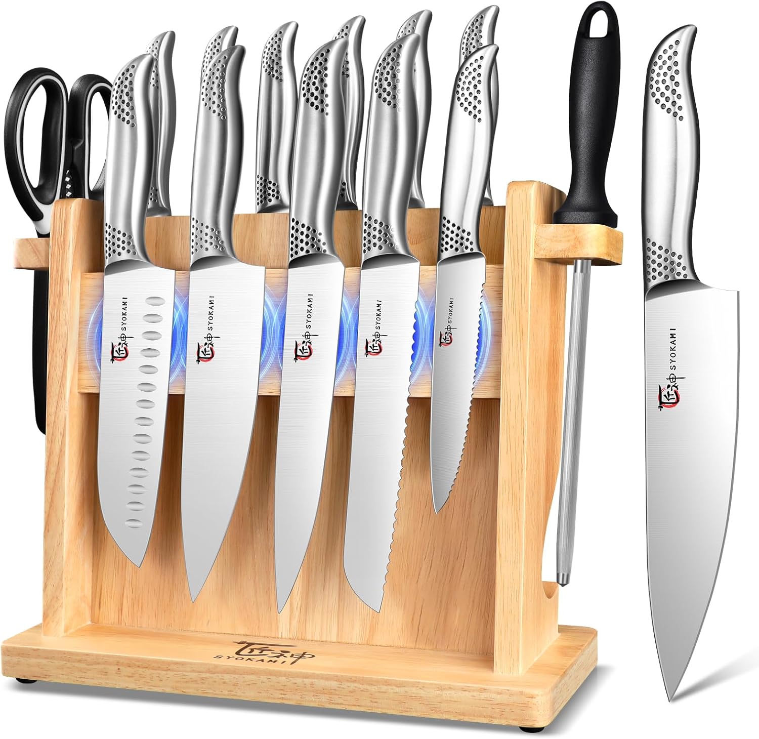 Japanese Knives Set for Kitchen, Magnetic Knife Set with Block and Sharpener, Stainless Steel Knife Set as Gift for Couple, Wedding, Women or Mom with Gift Box, 14 PCS Black Dot