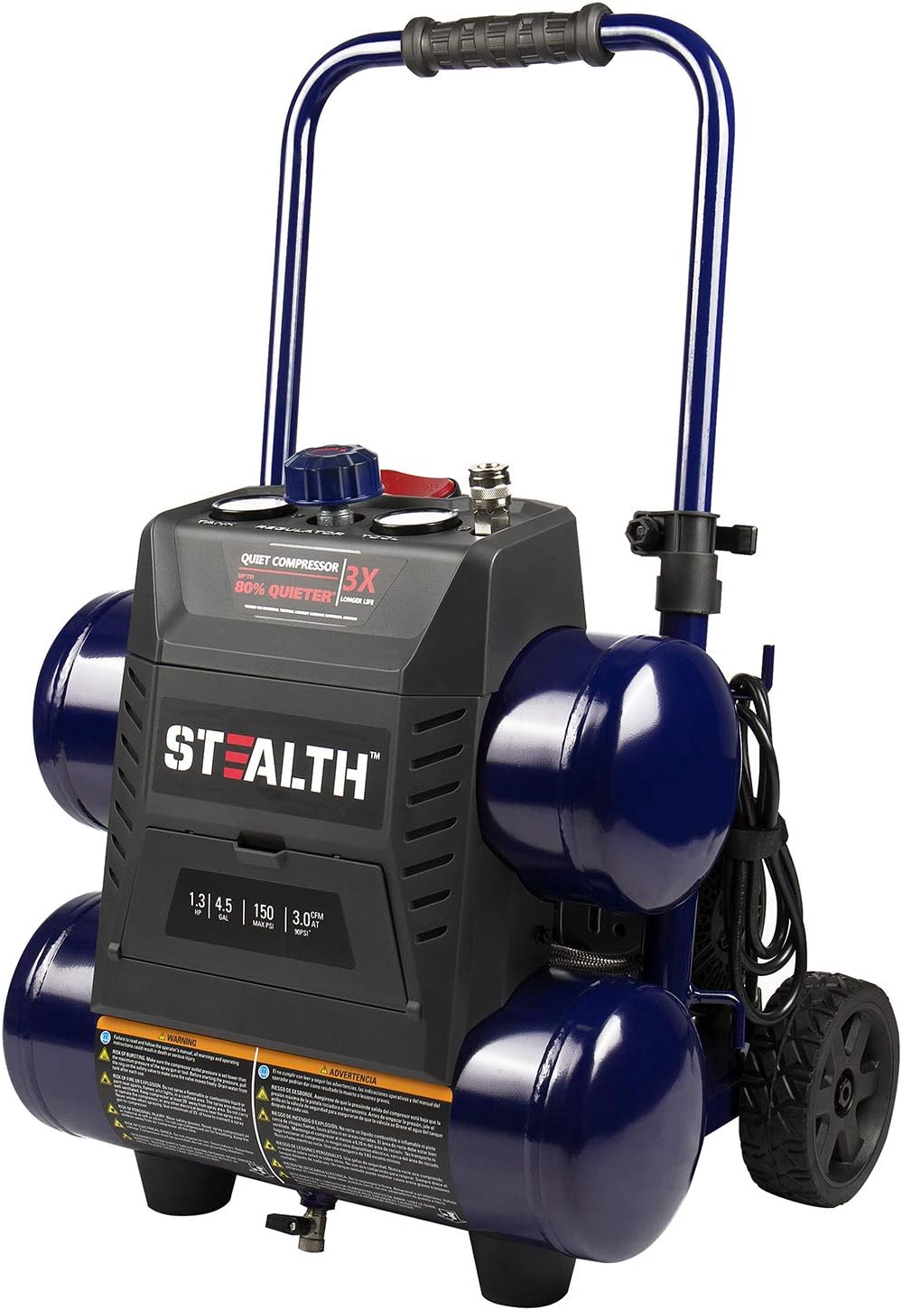 Stealth Portable Air Compressor, 64 Decibel 4.5 Gallon Peak 1.3 HP Max 150 PSI, Oil-Free Quiet Air Compressor, 3 CFM @ 90 PSI Air Tool with Wheel for Garage, Workshop, Jobsite SAQ-1413