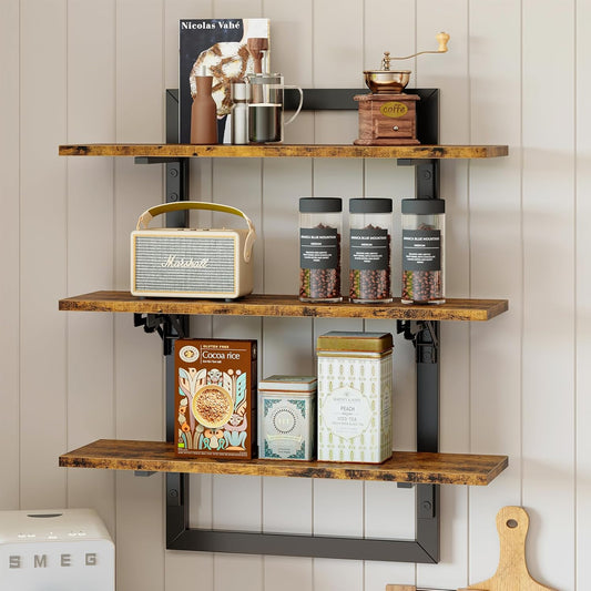 Bestier Floating Shelves for Wall, 24 inch Kitchen Shelves Wall Mounted, 3 Tier Coffee Bar Shelf with Foldable Brackets, Industrial Display Shelf for Bathroom, Living Room, Rustic Brown