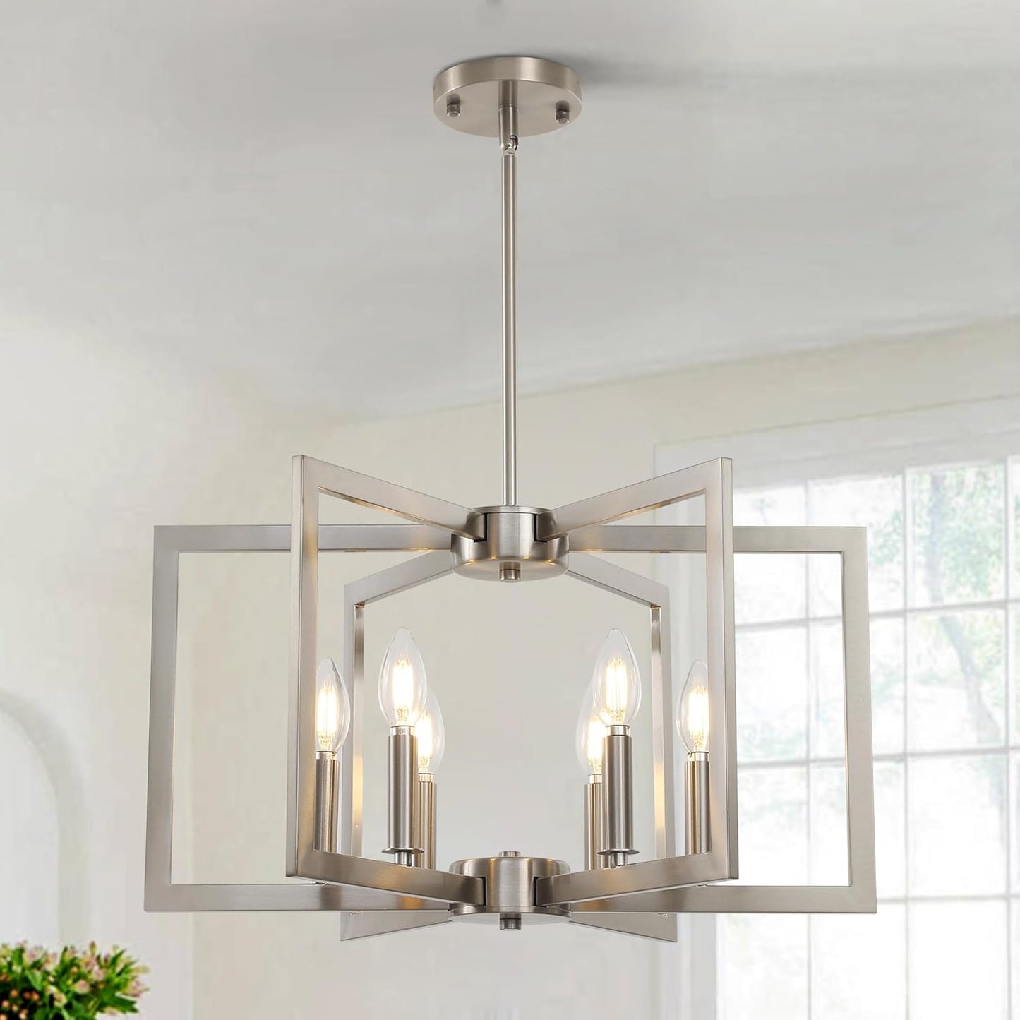 Sigaitwei 6-Light Modern Metal Geometric Chandelier，Kitchen Island Brushed Nickel Lighting Fixtures，Entryway Light Fixture Hanging Brushed Nickel，Farmhouse for Dining Room Chandelier