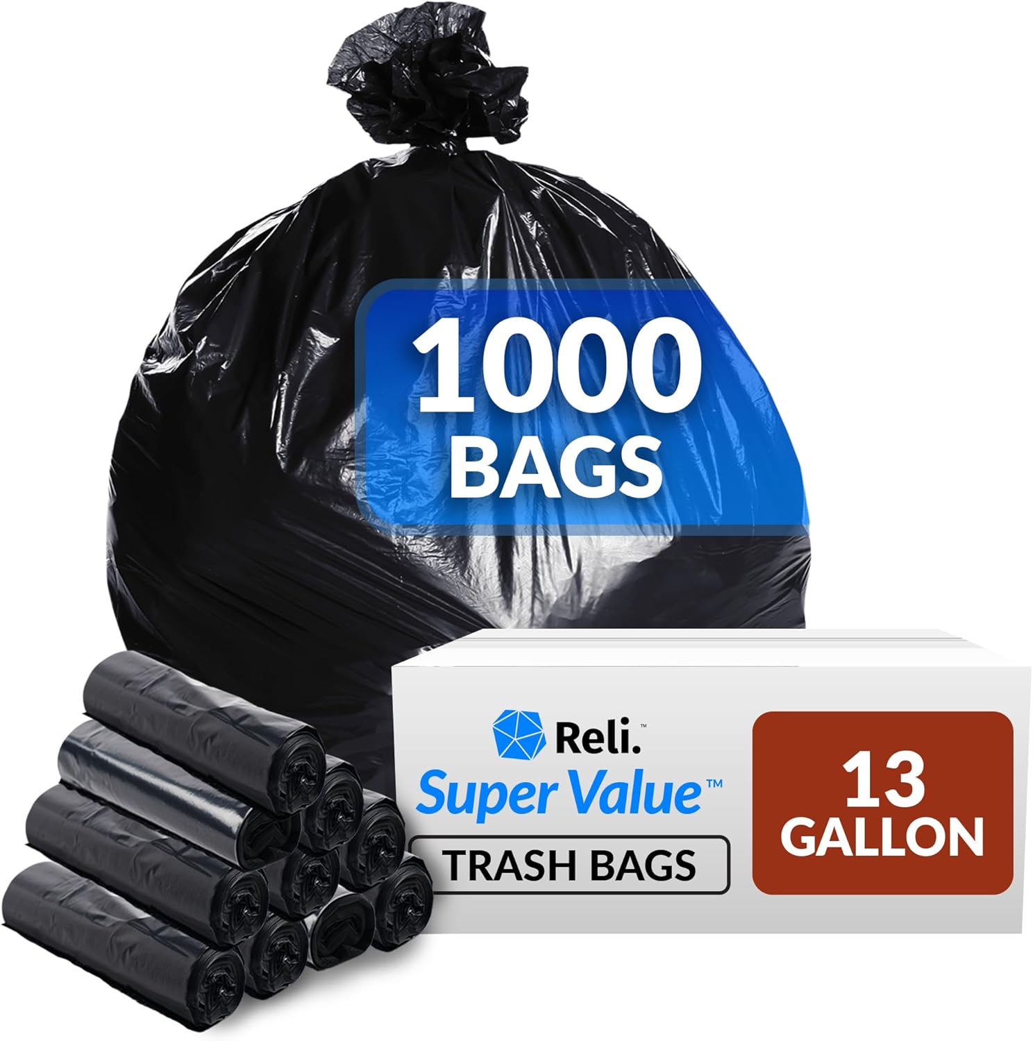 Reli. 13 Gallon Trash Bags | 1000 Bags | Black | Tall Kitchen | Strong | Garbage